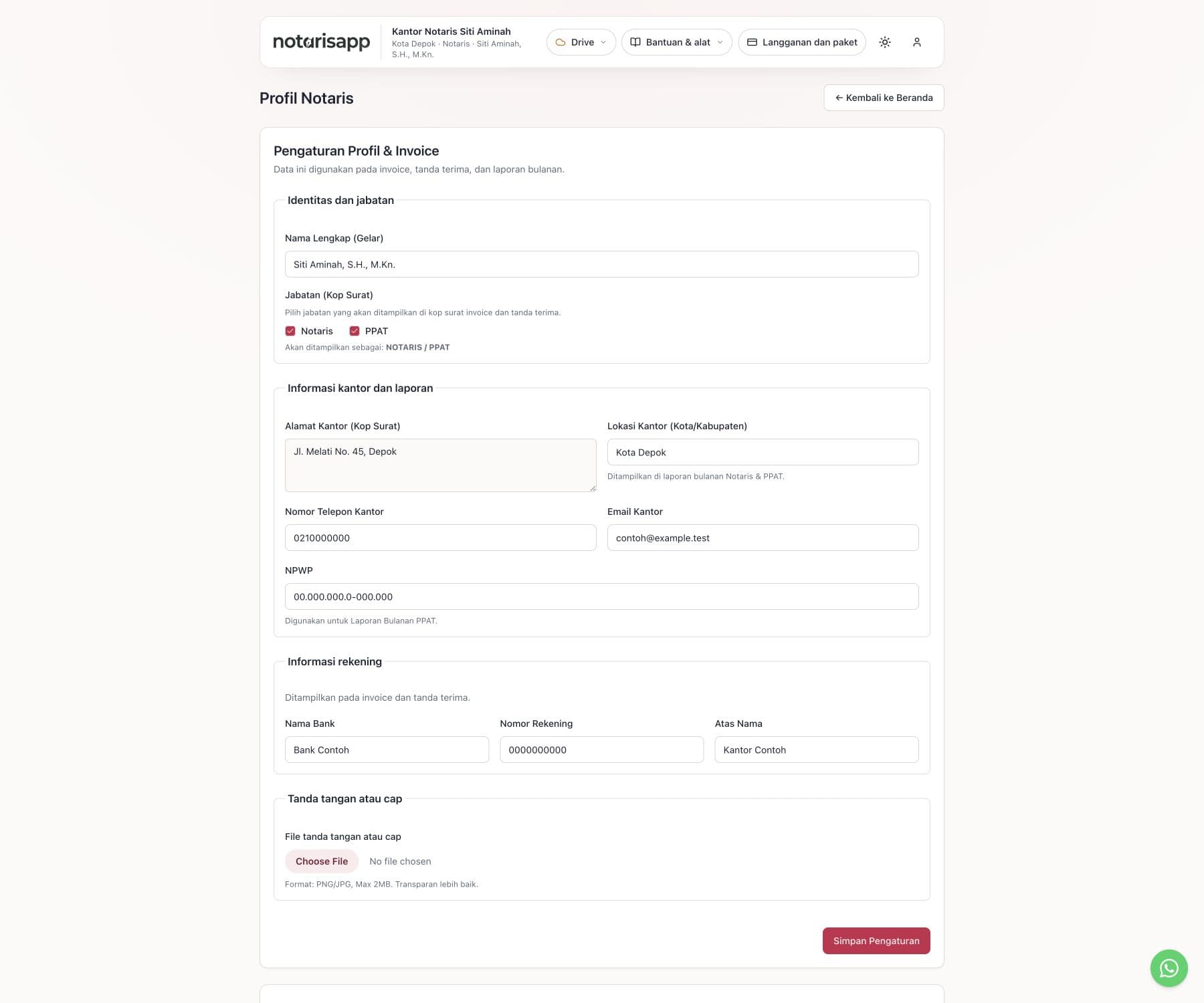 Formulir data kantor Notaris App: nama, alamat, kota, bank, nomor rekening, atas nama