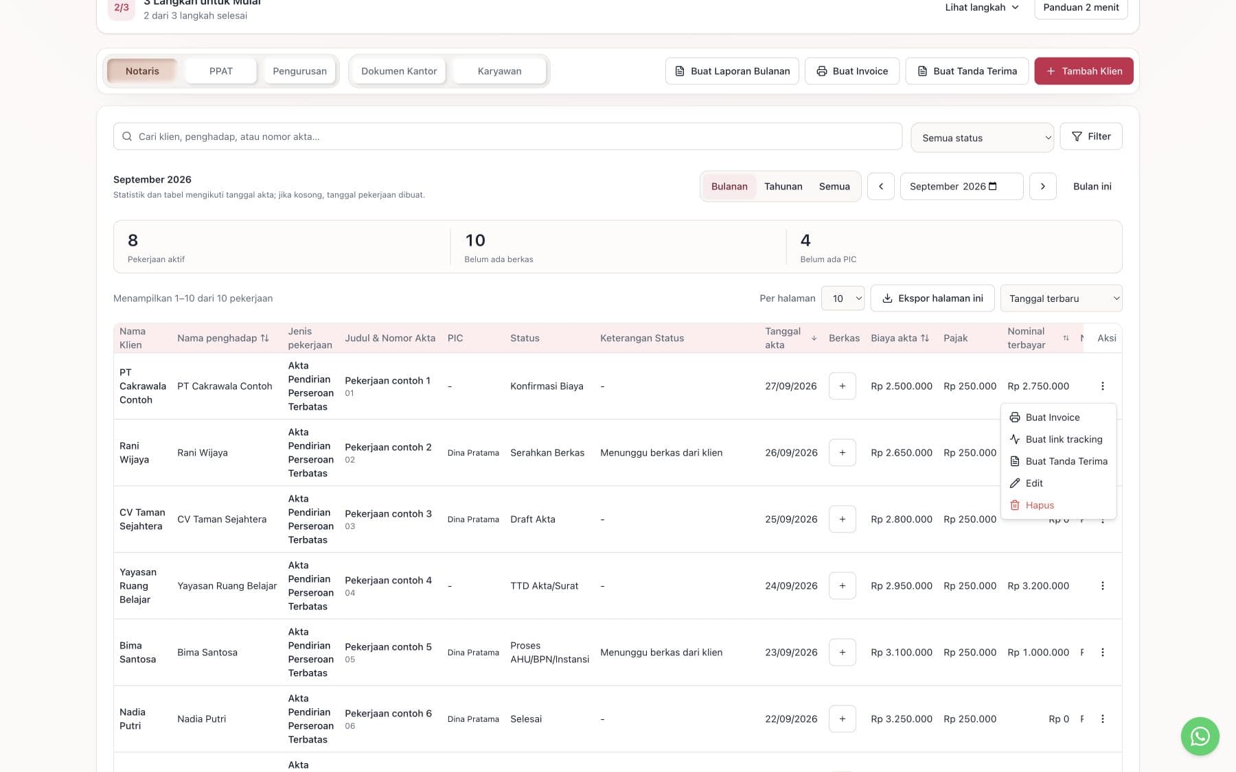Menu aksi per klien di Notaris App: Buat Invoice, Buat link tracking, Buat Tanda Terima, Edit