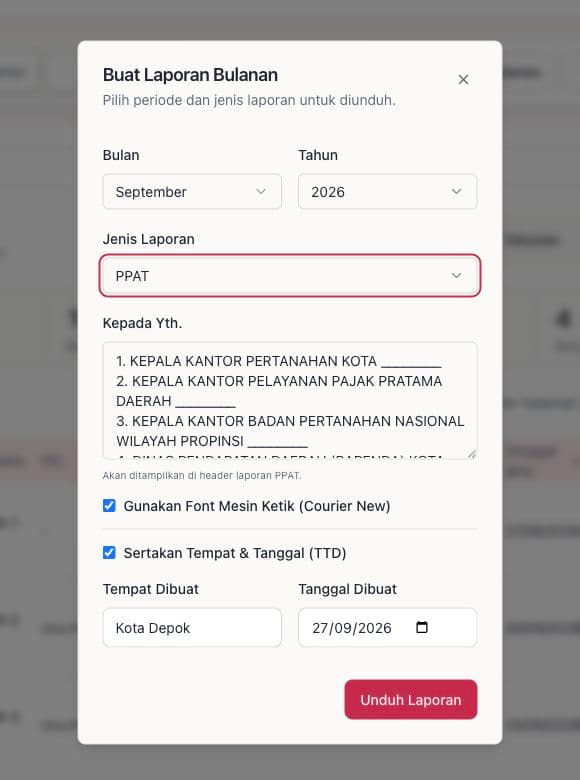 Pilihan jenis laporan PPAT pada Laporan Bulanan Notaris App