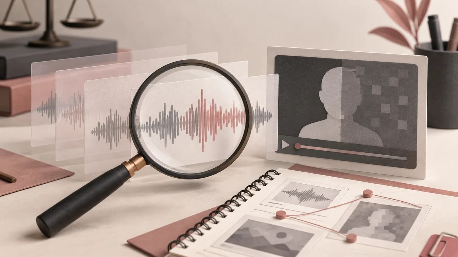Ilustrasi pemeriksaan gelombang audio dan bukti digital terkait AI serta deepfake.
