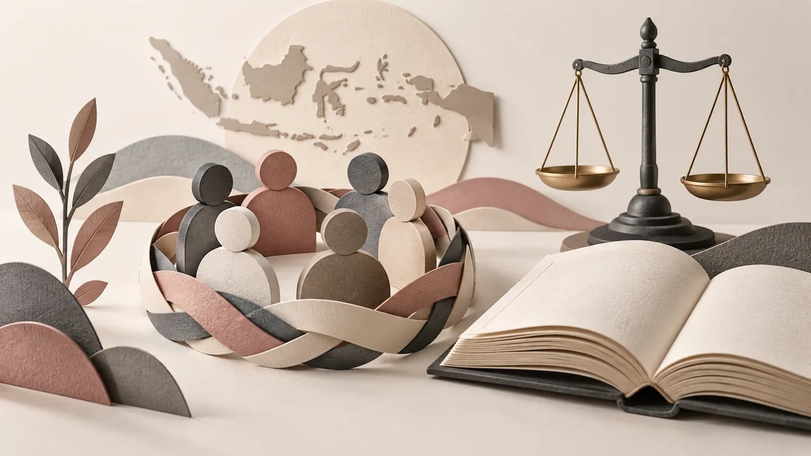 Ilustrasi norma masyarakat, buku hukum, dan pembahasan living law.