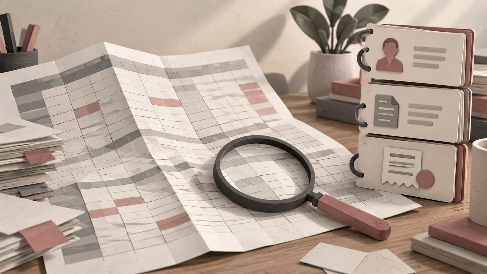 Ilustrasi spreadsheet yang kompleks dan keterkaitan data klien, pekerjaan, serta tagihan.