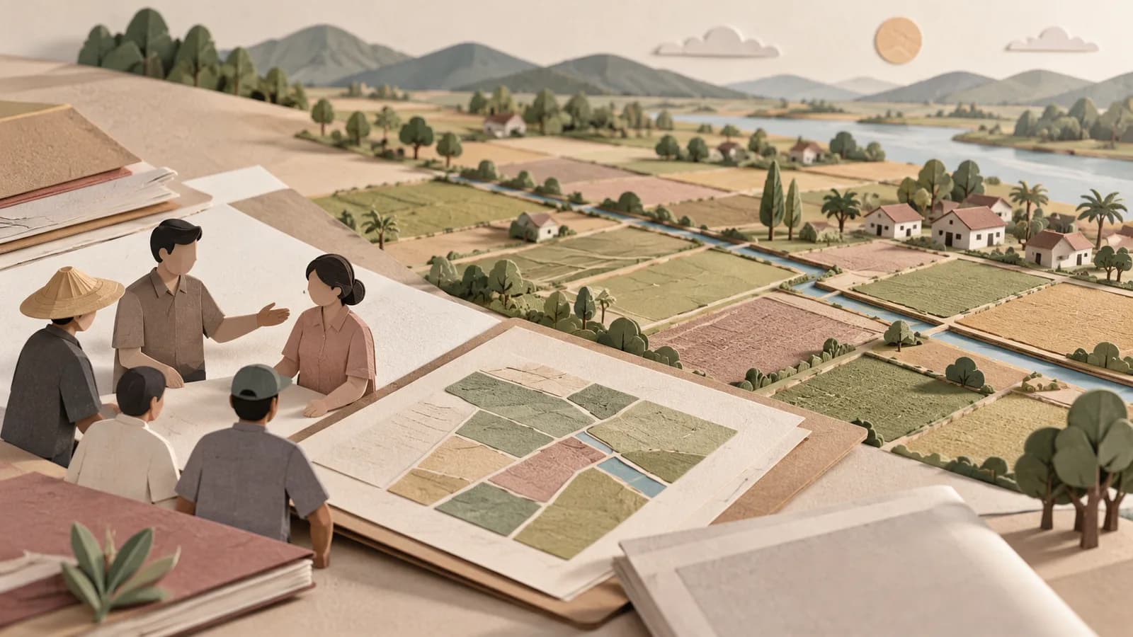 Ilustrasi bidang pertanian dan dokumen perencanaan reforma agraria.