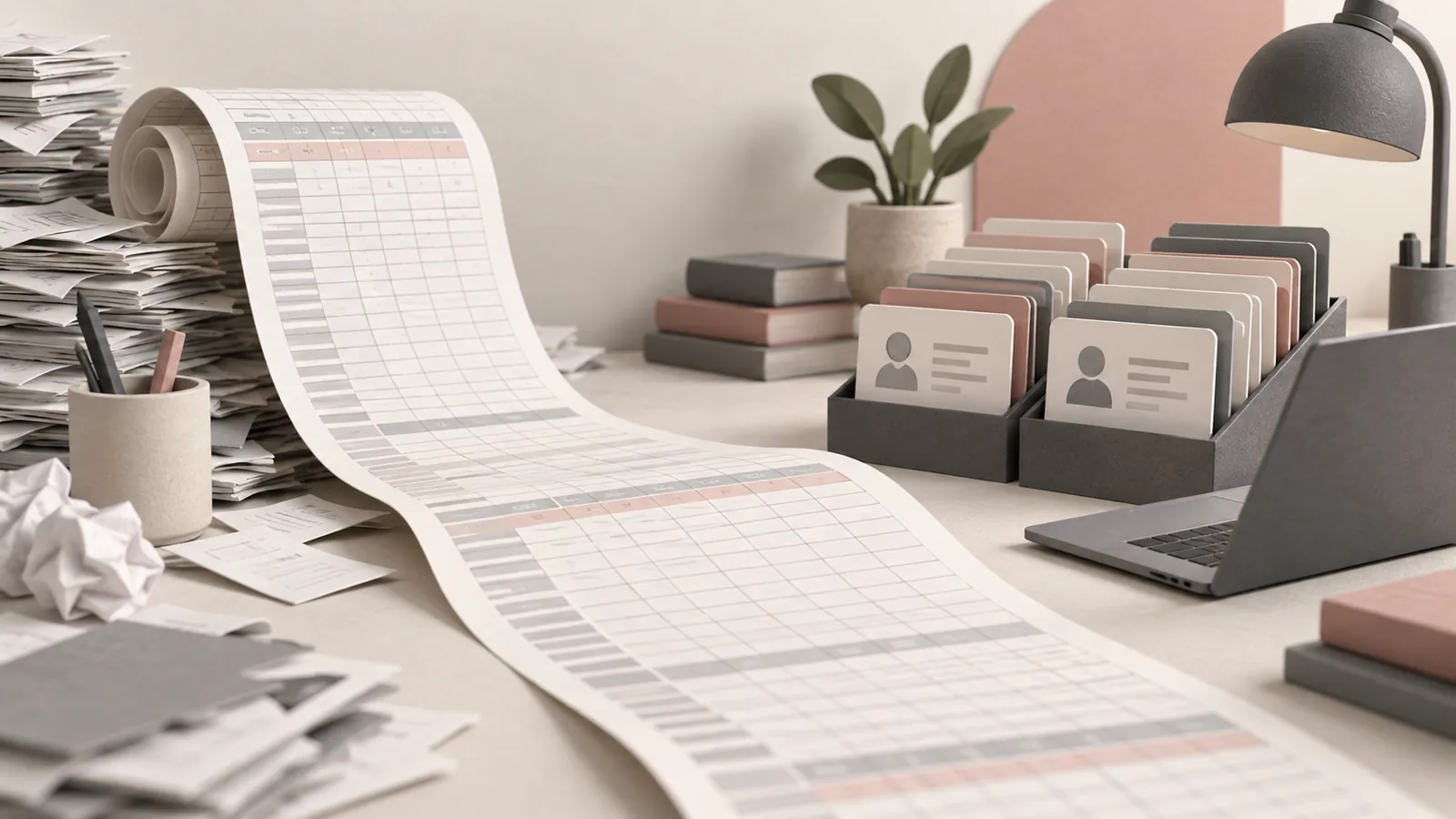 Ilustrasi perpindahan dari spreadsheet ke pencatatan pekerjaan yang terstruktur.