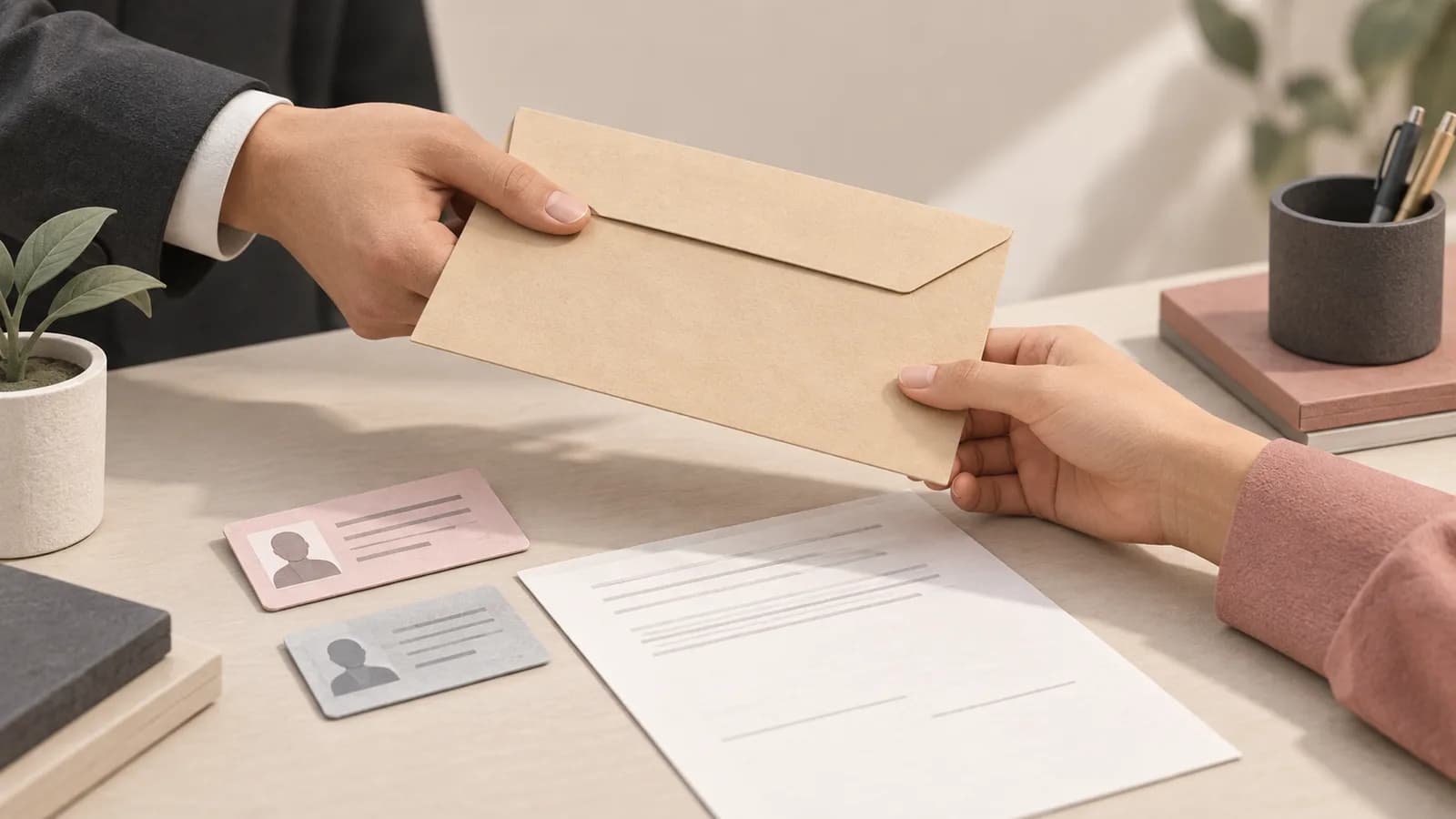 Ilustrasi penyerahan dokumen dengan surat kuasa dan identitas penerima.