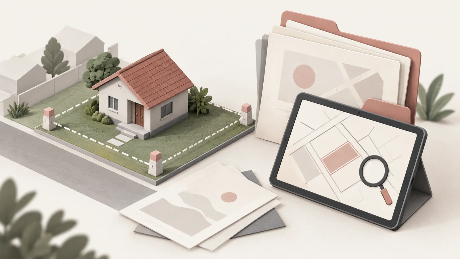 Ilustrasi konseptual rumah dan bidang tanah dengan tablet yang menampilkan peta bidang abstrak